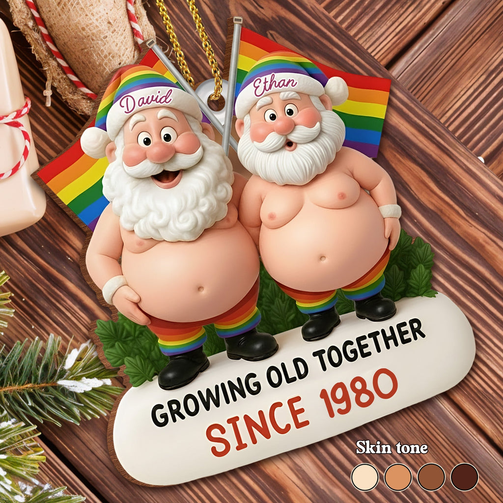 Growing Old Together, Santa Hats And Rainbow Flag - Personalized Custom Wood Ornament, Custom Shaped - CPL1064_WDO