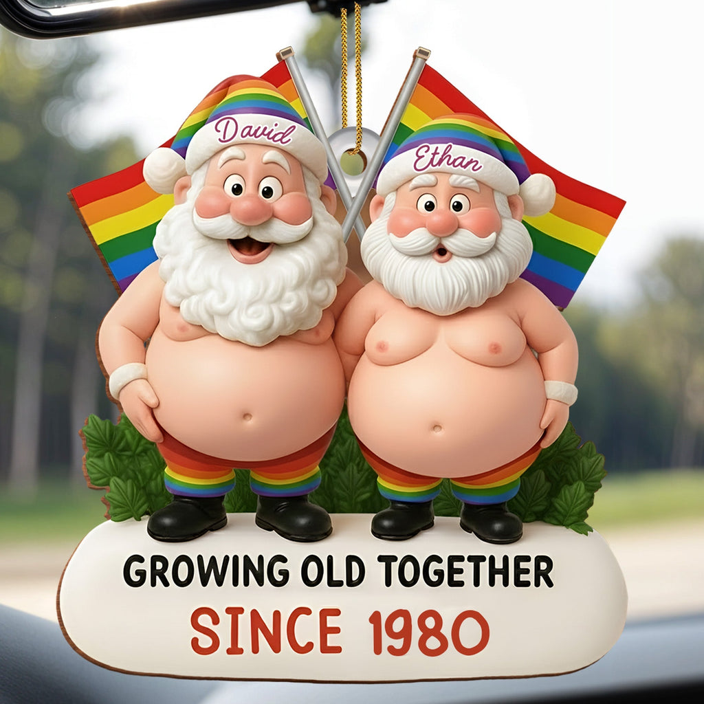 Growing Old Together, Santa Hats And Rainbow Flag - Personalized Custom Wood Ornament, Custom Shaped - CPL1064_WDO
