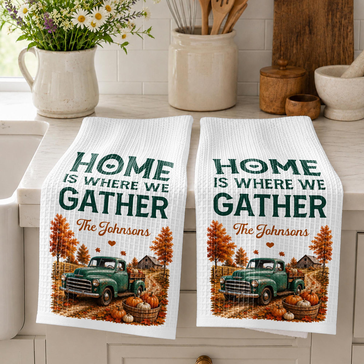 Home Is Where We Gather Vintage Truck And Autumn Pumpkins - Personalized Kitchen Towel - FAM1108_TOWL
