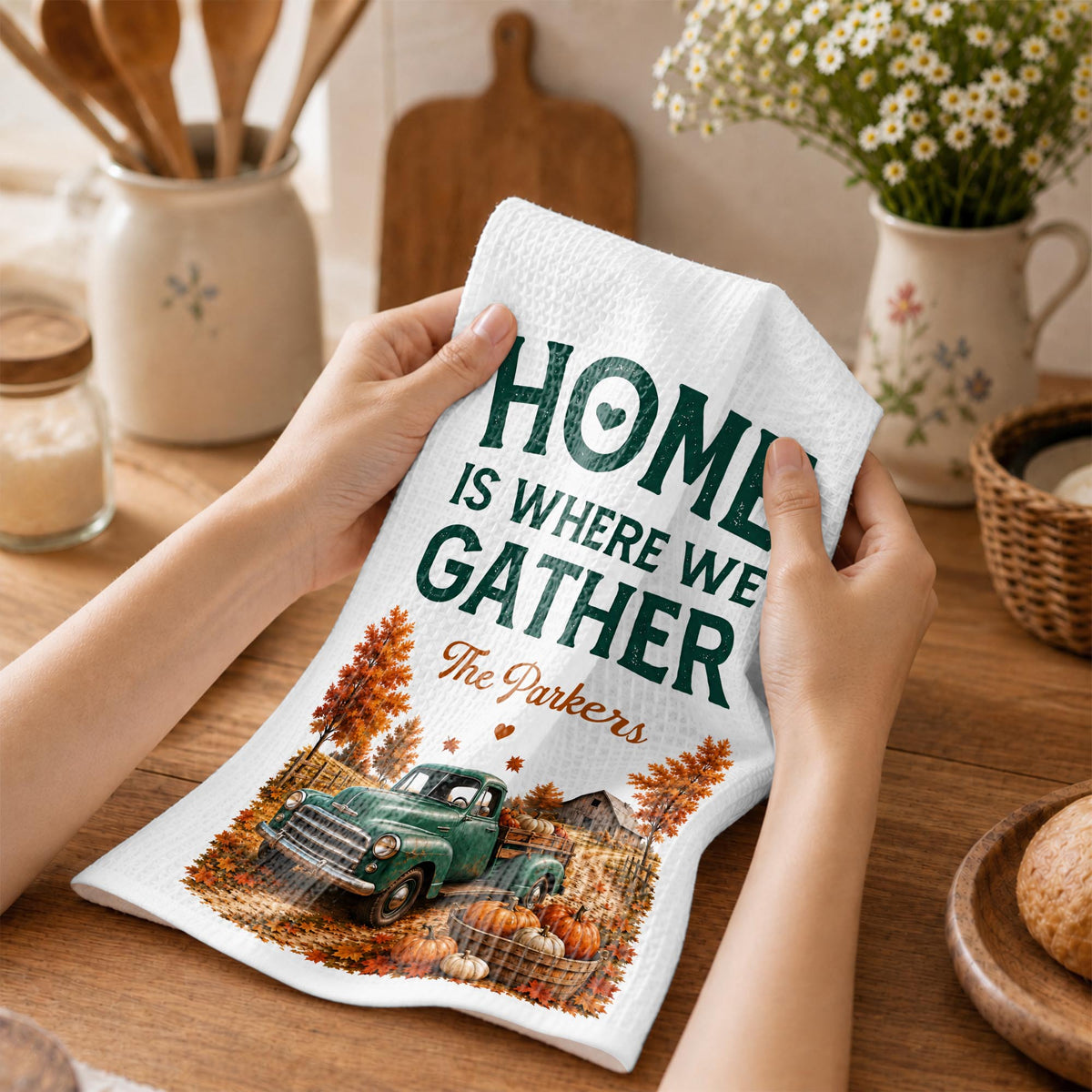 Home Is Where We Gather Vintage Truck And Autumn Pumpkins - Personalized Kitchen Towel - FAM1108_TOWL