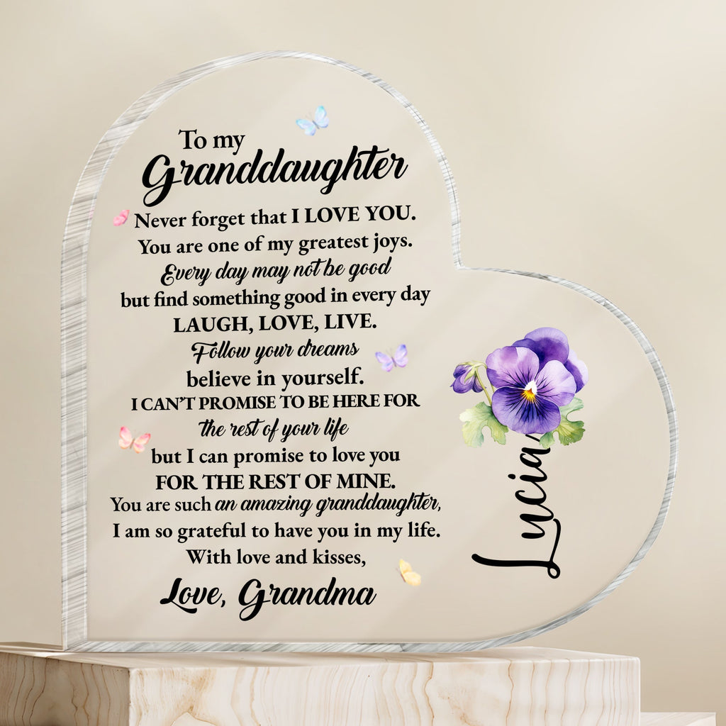Love And Life Promises To Granddaughter With Butterflies And Flowers - Personalized Heart Shaped Acrylic Plaque - GDT123_HAP