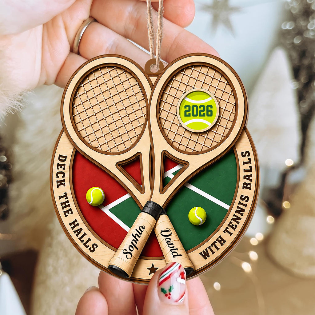 Deck The Halls With Tennis Balls Rackets And Court - Personalized Custom Wood Ornament, Custom Shaped - HOB373_WDO