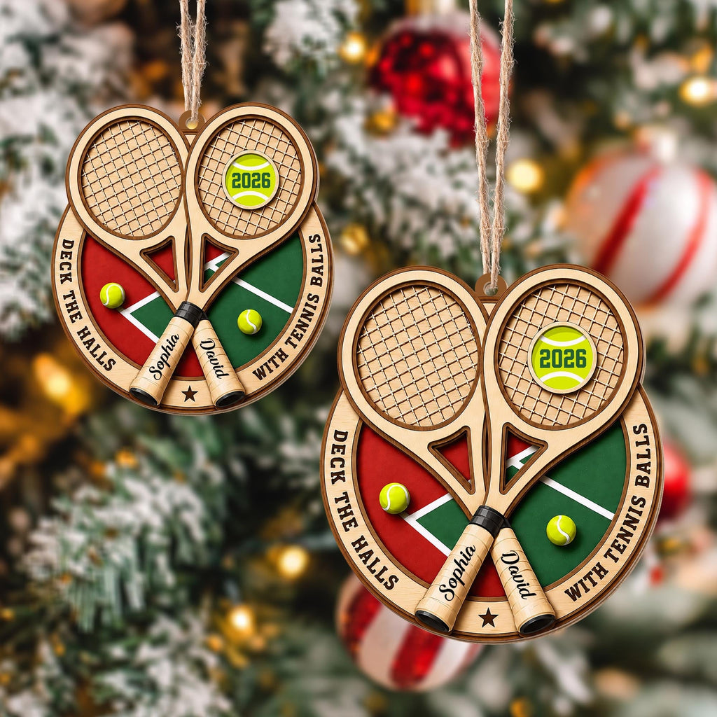 Deck The Halls With Tennis Balls Rackets And Court - Personalized Custom Wood Ornament, Custom Shaped - HOB373_WDO