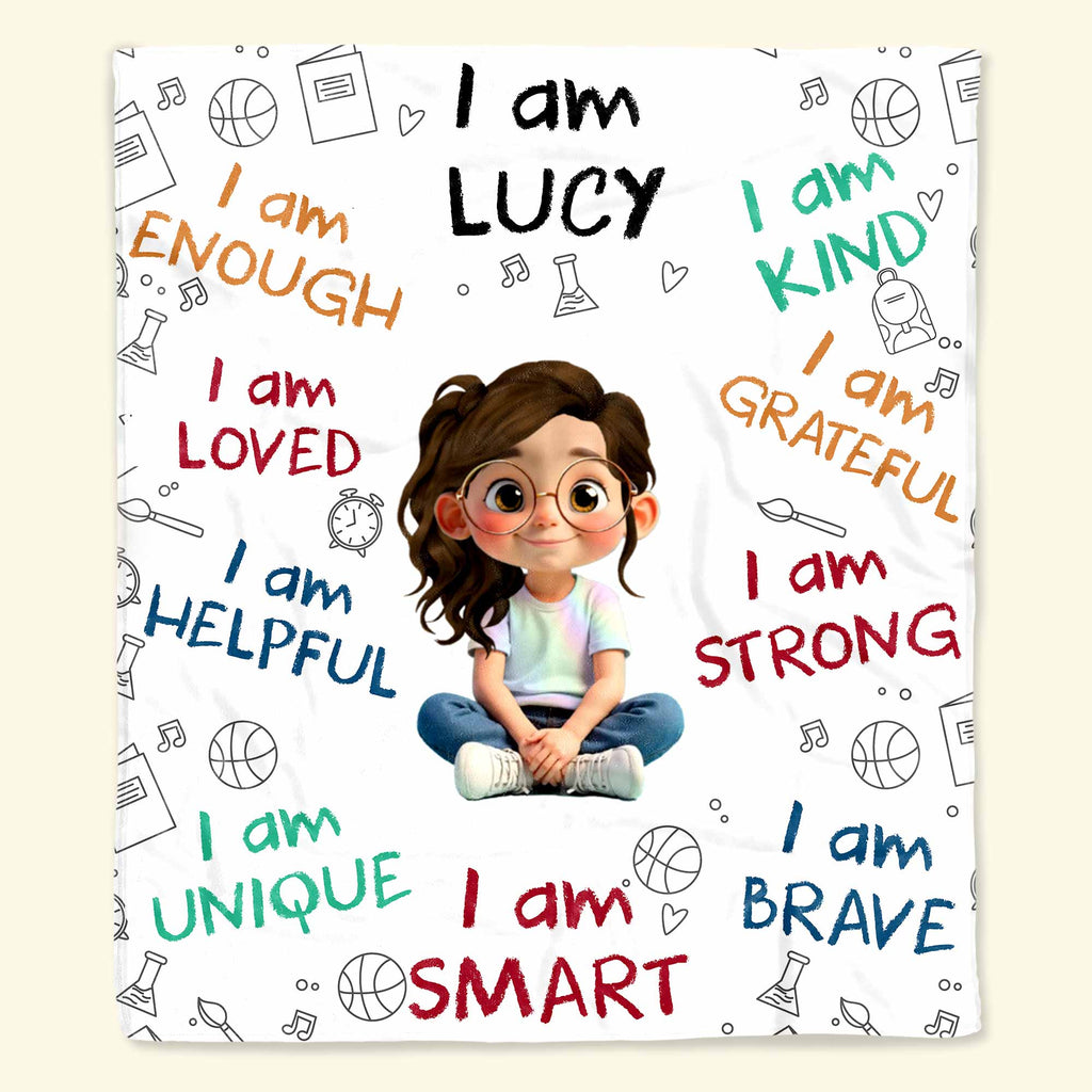 I Am Strong, Brave And Unique, Cartoon Character Blanket - Personalized Custom Blanket - KID243_BLK