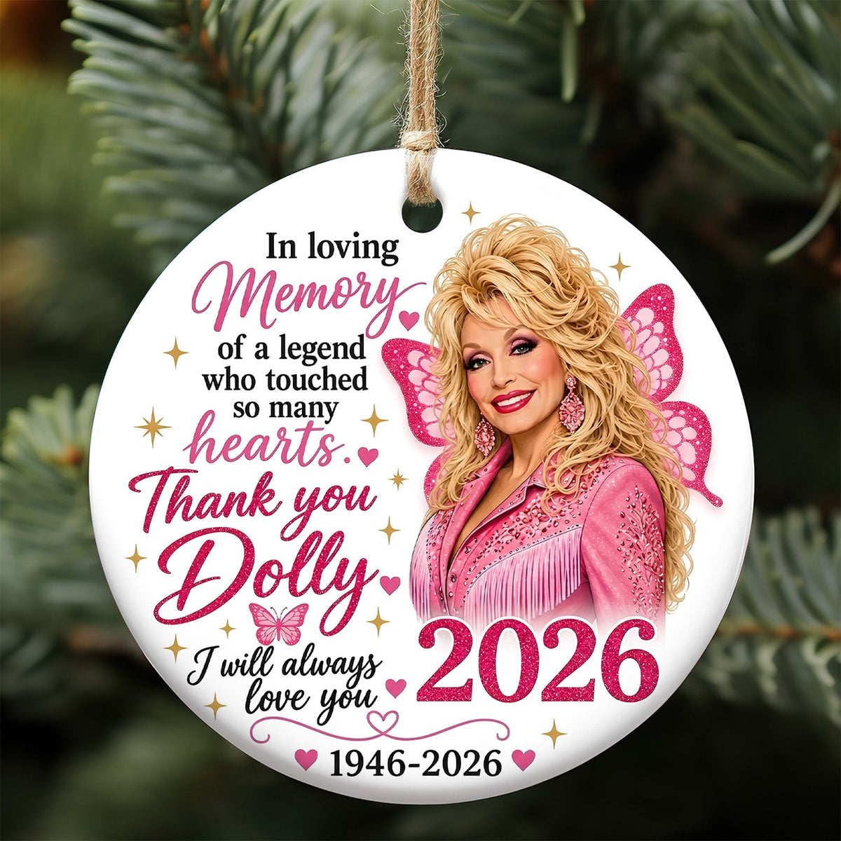 Dolly Parton Memorial Ceramic Ornament. I Will Always Love You Country Music Tribute Christmas Ornament 686067